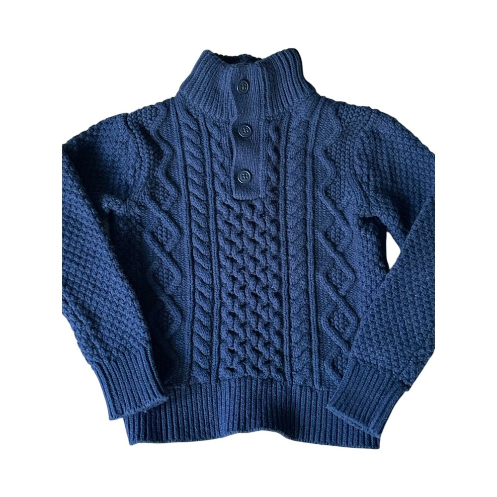Gap Kids Cable Knit Mock Neck Sweater Boys Size 6-7 Navy Blue Button Neck Preppy